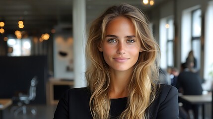 Fototapeta premium Woman with long, blonde hair in a modern office setting.