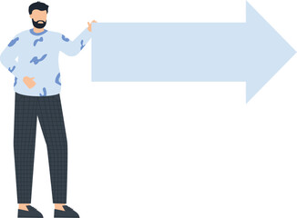 Man with Arrow Sign: Direction, Decision, Choice, Concept, Presentation, Guidance, Pointing, Isolated,arrow direction, blue sweater, checkered pants, white background, simple design