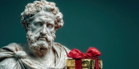 Classical Marble Statue of Bearded Man in Toga Holding Gold Gift Box with Red Ribbon Against Minimalist Green Background.
