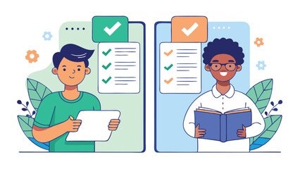 Two students with checklists and books in a digital learning environment demonstrating progress 100