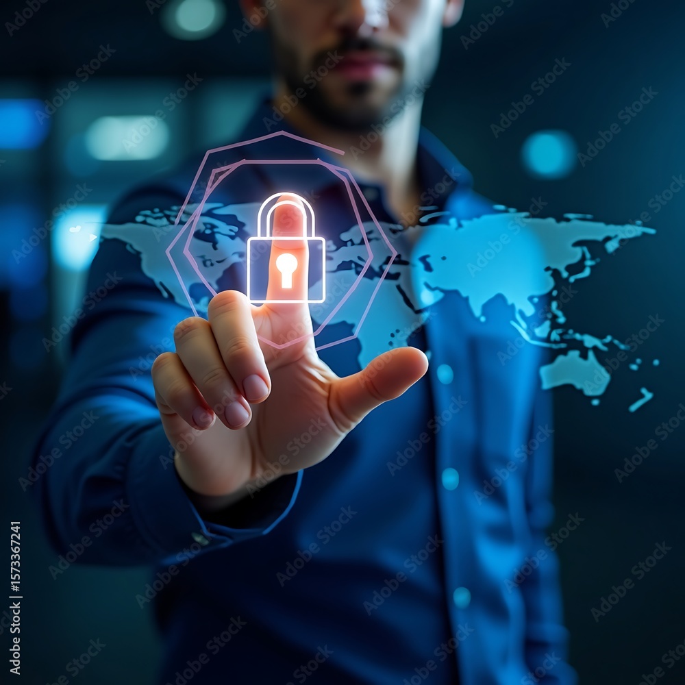 Poster cyber security and network data protection. businessman touch security padlock. smart solution from 