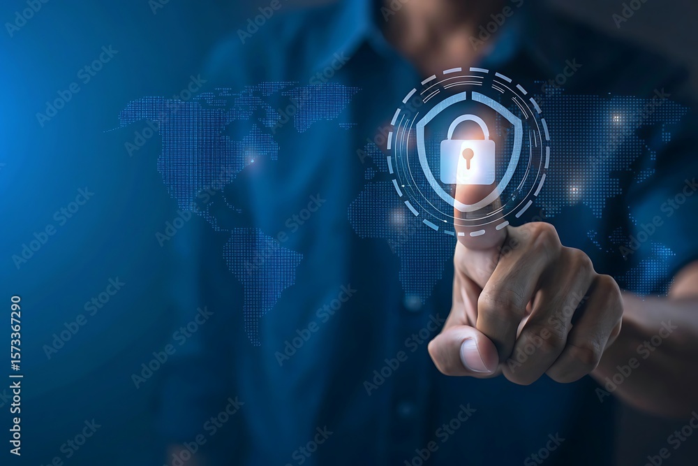 Poster cyber security and network data protection. businessman touch security padlock. smart solution from 