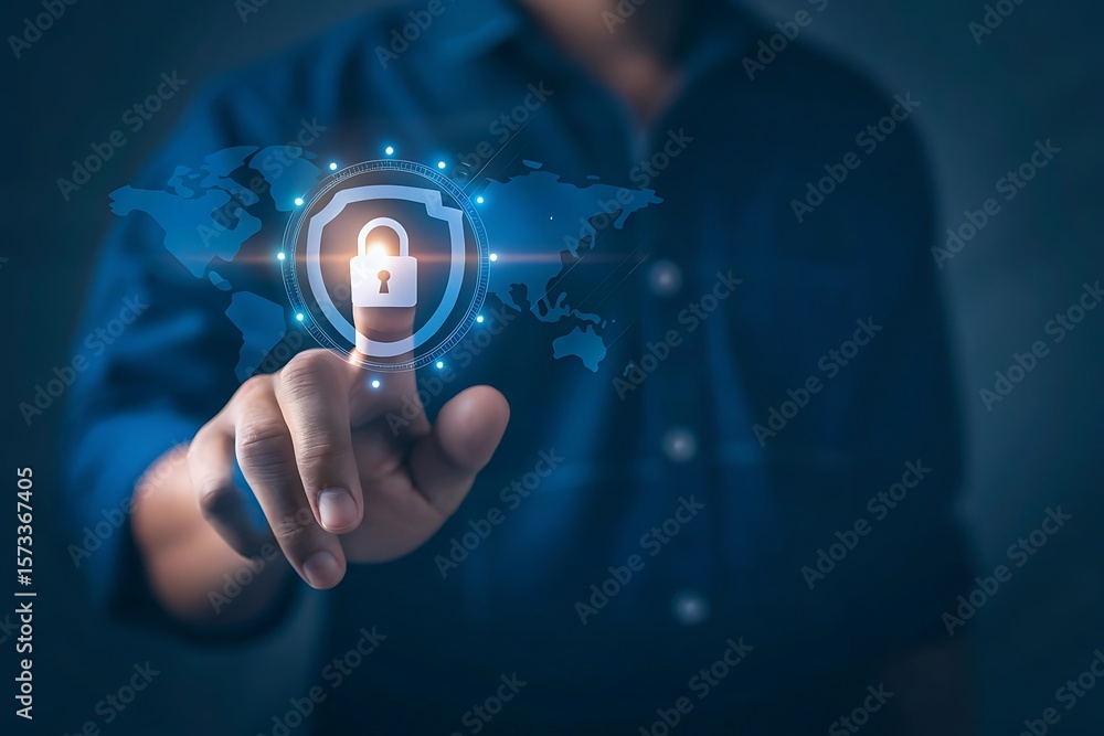 Poster cyber security and network data protection. businessman touch security padlock. smart solution from 