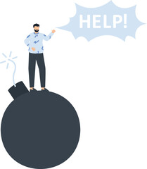Man on a Bomb with a Help Speech Bubble, Concept of Crisis, Danger, and Request for Assistance,speech bubble, blue shirt, checkered pants, lit fuse, white background, modern design, flat colors