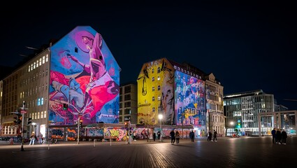 Vibrant building facades illuminated with colorful murals at night