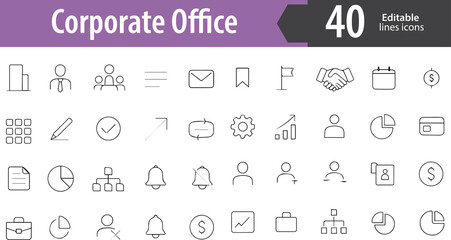 Corporate Office Line Icons, Office Building, Office Desk, Business Meeting, Office Chair, Workplace Setup, Editable Formats: AI, EPS, PNG, JPG, Ideal for Both Digital and Print Use
