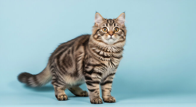 Fluffy Tabby Cat Sitting on Soft Blue Background