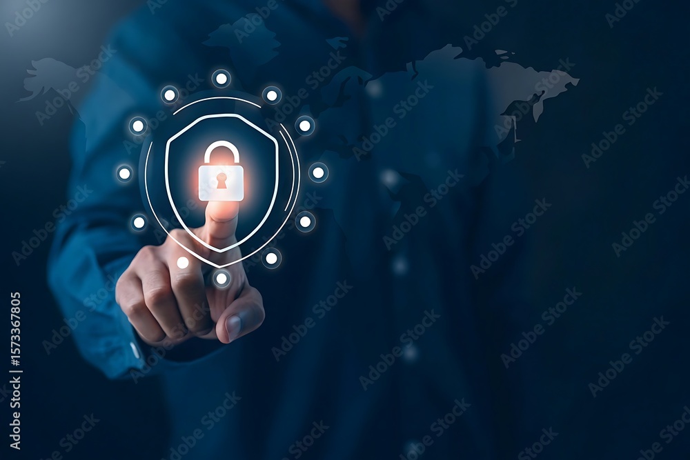 Poster cyber security and network data protection. businessman touch security padlock. smart solution from 