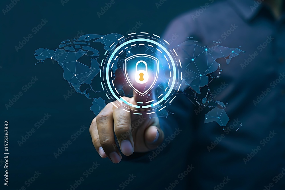 Poster cyber security and network data protection. businessman touch security padlock. smart solution from 