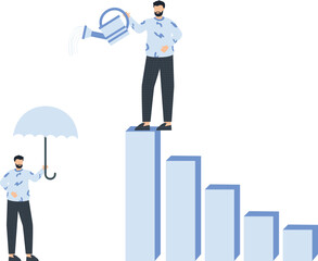 Business Concept: Man Watering Bar Graph with Watering Can, Another Holding Umbrella, Concept of Protection,business concept, watering can, bar graph, holding umbrella, patterned shirt, plaid pants, 