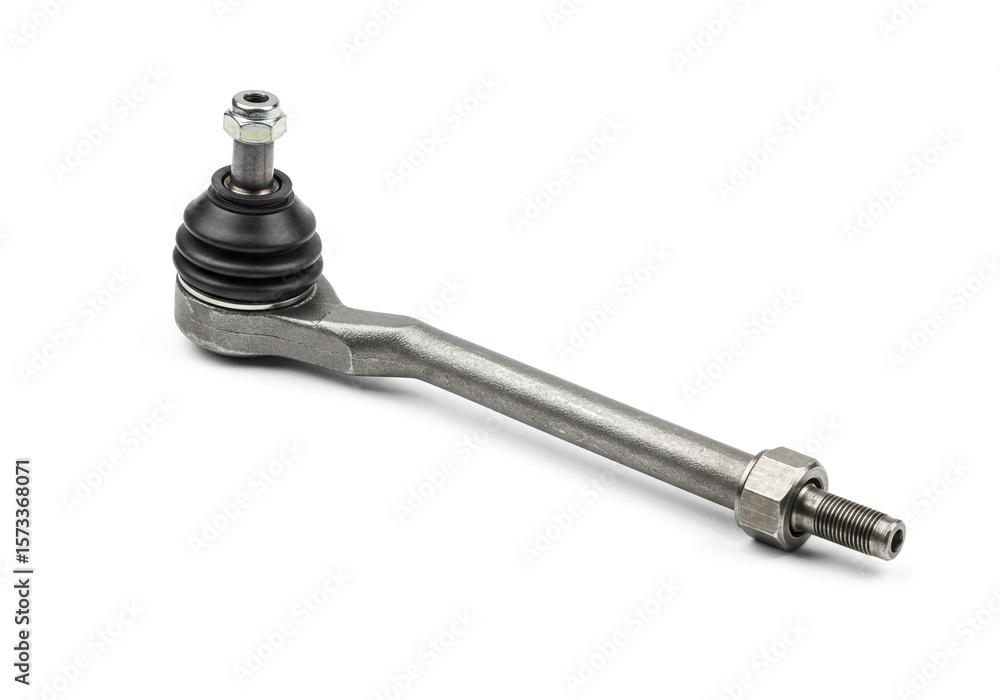 Poster close up of a tie rod end with a nut and rubber boot on a white background in a studio shot