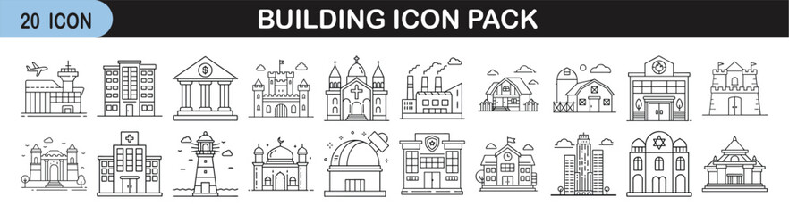 Outline icon set of various building types - Linear icons representing different architectural structures such as offices, factories, shops, houses, schools, churches, and urban buildings.
