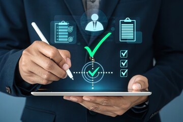 Businessman using tablet with digital checklist and checkmarks