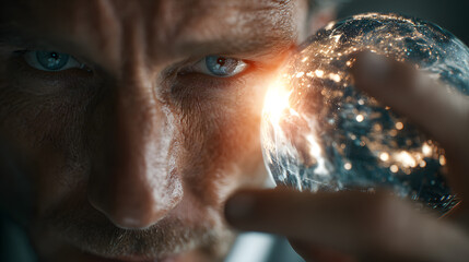 A businessman holds a glowing digital globe representing global connection and innovation in technology.