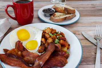 Breakfast Eggs and potatoes and coffee