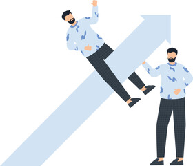 Business Growth Concept: Two Men with Upward Arrow on White Background, Flat Design,business growth, upward arrow, white background, modern design, patterned shirt
