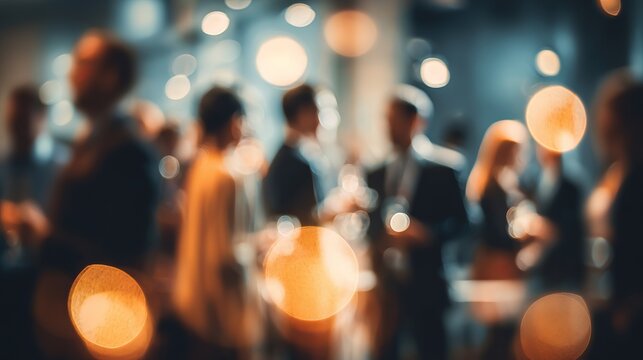 Intimate gathering with blurred silhouettes and bokeh lights creates an enigmatic and sociable atmosphere for special occasion and celebration. - Powered by Adobe