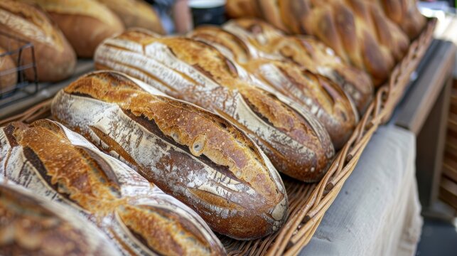 A display of fresh crusty bread loaves each one baked with love and sold at a farmers market from a local bakery.