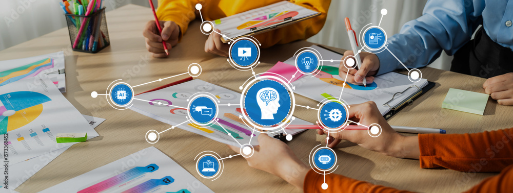 Poster a collaborative workspace showcasing diverse hands engaged in innovative brainstorming over data ana