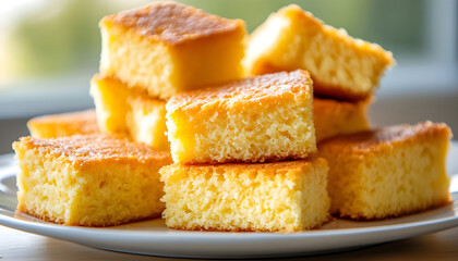 Delicious, golden, and fluffy cornbread pieces, artfully stacked, enticing a feeling of warmth and comfort