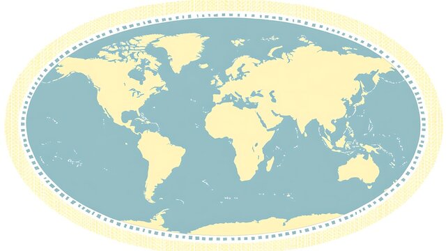 Pastel-toned world map in an oval frame.