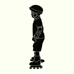 Side view silhouette of a child wearing full safety gear while roller skating. Great for educational content, posters, or sport-themed designs.
