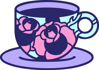tattoo in traditional style of a cup and flowers in bright neon color