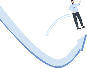 Business Success Concept: Man Jumping Over Arrow, Representing Growth and Achievement,business concept, upward arrow, white background, blue shirt, dark pants, jumping man, success concept, graphic