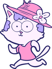 happy cartoon cat jogging in hat in bright neon color