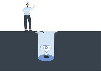 Confused Man Contemplating Trophy: Conceptual Illustration of Achievement, Success, and Goals,confused expression, question marks, white background, blue shirt, 
 