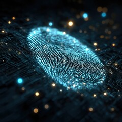 Futuristic Glowing Blue Fingerprint with Circuit Network. Digital Identity and Cybersecurity Concept. Illustration in High-Tech Interface Style on Dark Blue Background.
