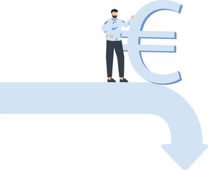 Euro Sy,bol with Businessman on Arrow: Financial Concept, Economic Growth, Business Success,Euro symbol, downward trend, business concept, financial concept,