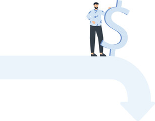 Businessman with Dollar Sign on Arrow, Financial Concept, Business Growth, Investment, Success,financial concept, downward trend, business decline, economic challenges, modern design, simple backgroun