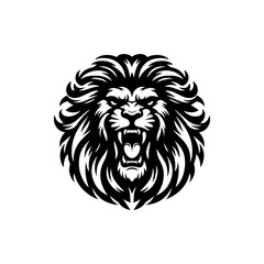 Fototapeta premium A stylized black and white illustration of a roaring lion's head.