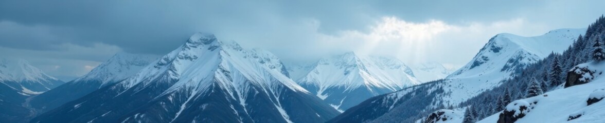 Obraz premium Overcast sky casting a somber mood over the snow-capped peaks, landscape, weather