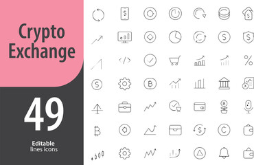 Crypto Exchange Line Icons, Bitcoin, Wallet, Trading Graph, Blockchain Network, Crypto Transfer, Editable Formats: AI, EPS, PNG, JPG, Ideal for Both Digital and Print Use
