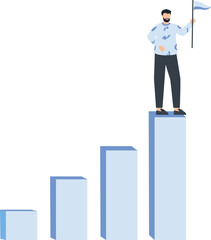 Success Concept: Businessman on a Rising Bar Graph with a Flag, Achievement, and Progress,business success, upward movement, confident man, bar graph, holding flag,