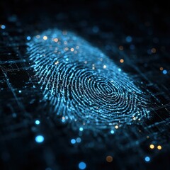 Futuristic Glowing Blue Fingerprint with Circuit Network. Digital Identity and Cybersecurity Concept. Illustration in High-Tech Interface Style on Dark Blue Background.