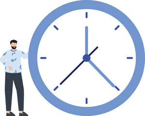 Time Management Concept: Man with Clock, Business and Deadline Illustration, Isolated on White Background,time management, clock face, blue clock, dark blue, flat design