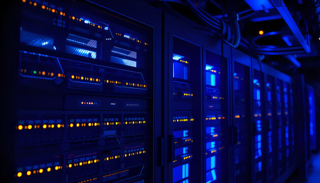 Data center server rack illuminated by blue LED lights, highlighting a high-tech environment.