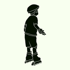 Rear view silhouette of a boy roller skating with helmet and protective gear. Ideal for sport, kids' activity, or motion-themed illustrations.