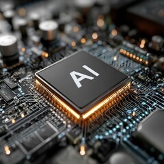 Digital Rendering of AI CPU on Blue Circuit Board with Glowing Orange Pins. Futuristic High-Tech Motherboard Close-Up Highlighting Advanced Artificial Intelligence Hardware.