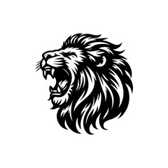 A black and white illustration of a roaring lion's head, showing teeth.