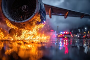 Airplane Engine Fire on Wet Tarmac with Emergency Response, Flames and Reflections Under Stormy Sky at Night.