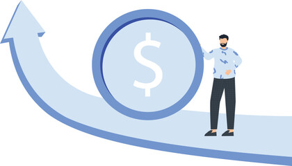 Financial Gro,wth Concept: Businessman with Dollar Sign on Ascending Arrow, Business Succes,financial success, business strategy, upward arrow, dollar symbol, bearded man,
