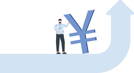 Yen Symbol with Upward Arrow and Businessman, Financial Growth Concept, Isolated on White,financial success, upward trend, business growth, market increase, currency symbol