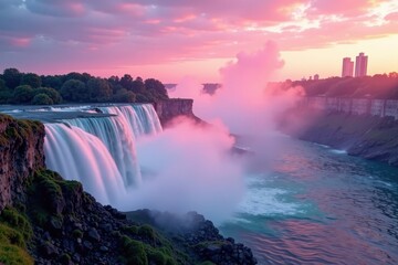 Fototapeta premium Soft pink dawn light on Niagara Falls misty veil, falls, dawn, waterfall