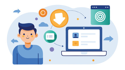 Illustration showing a person interacting with a laptop and cloud based applications online