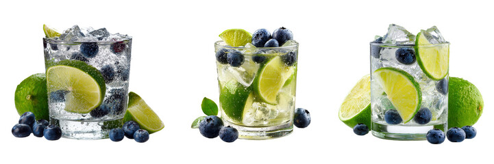 Set of Chilled Cocktail with Lime Slices and Blueberries on Ice Isolated on Transparent Background
