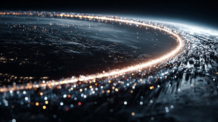 Digital Earth Glows at Night. Futuristic render shows global connection, technology, data stream. For tech marketing, web design, editorial.